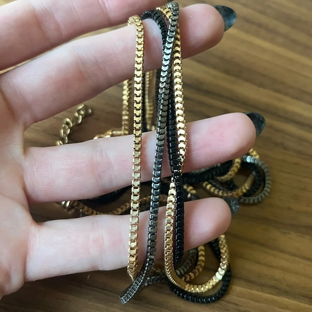 Vintage Y2K 00s Oversized Tricolor Chain Necklace Fringe Earrings Set Boho B3